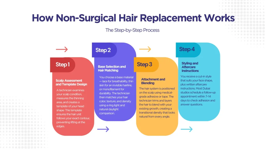 Step-by-step infographic showing non-surgical hair replacement process in Dubai: scalp assessment, template design, base selection, attachment and blending