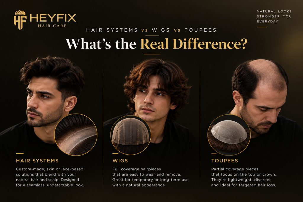 Hair systems vs wigs vs toupees compared — three men shown against a Dubai skyline, with coverage notes for each option. HeyFix Hair Care, Oud Metha, Dubai.